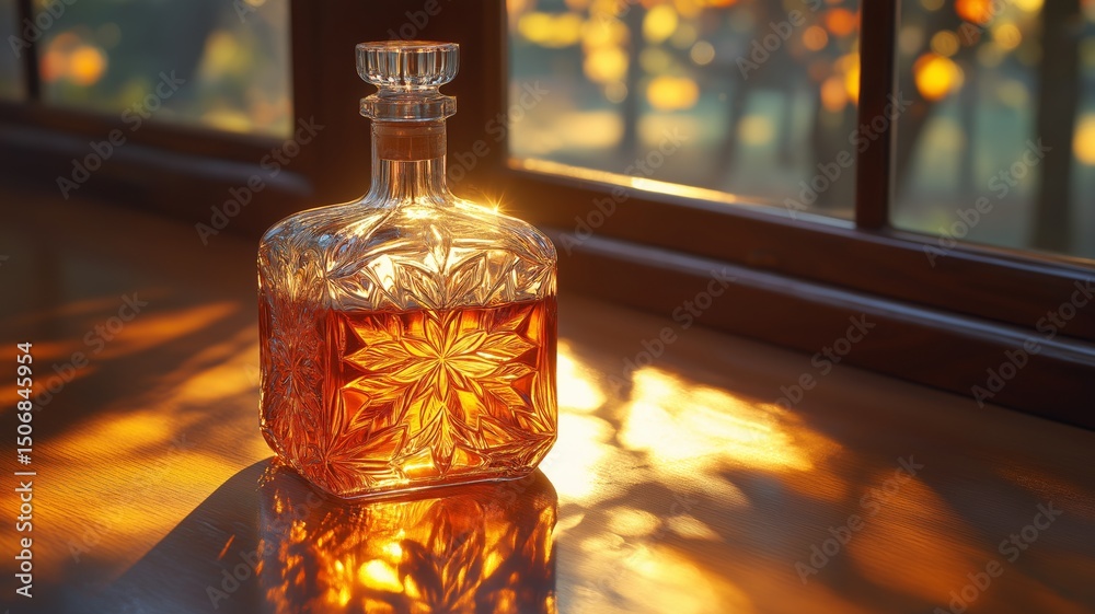 Poster golden light streams through a window, casting warm reflections on an ornate decanter by the glass.