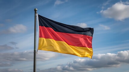 Waving German Flag Against a Blue Sky with Fluffy Clouds, Symbolic Image.