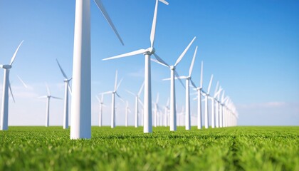 Dozens of turbines in straight rows on a large flat field, daylight, blue cloudless sky.