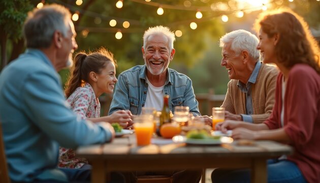 Joyful backyard family gathering. Elderly man laughs with relatives. People celebrate, enjoy food, drinks, fun evening dinner outdoors. Celebration event. Warmth, happy connection.