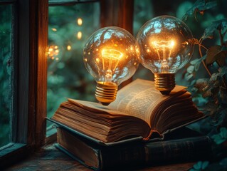 Illuminating Wisdom: Vintage Books Stacked by a Window with Glowing Light Bulbs, Symbolizing Knowledge and Inspiration Amidst Nature's Tranquility.