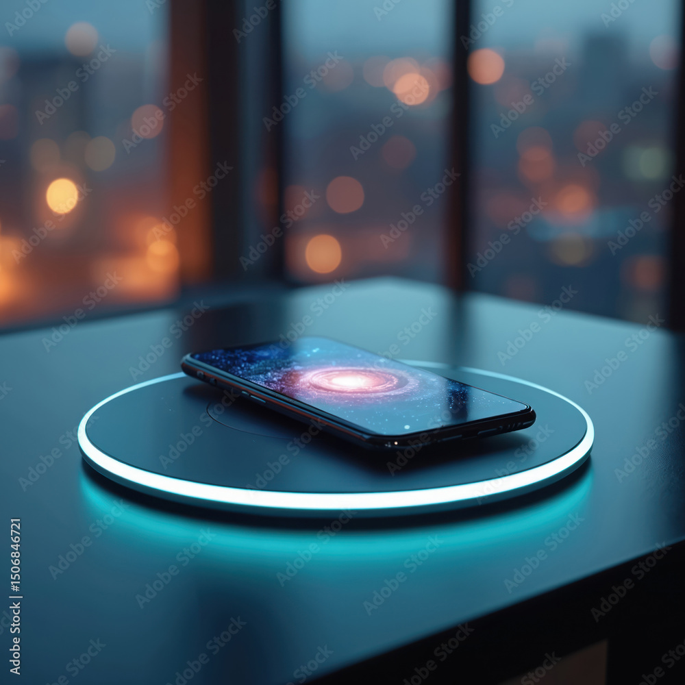 Poster smartphone charges wirelessly on illuminated pad. modern mobile phone technology, wireless charging 