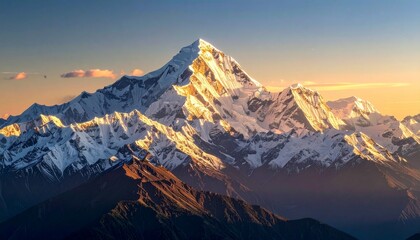 Breathtaking photo of a massive snow-capped mountain under soft sunlight, elegant and peaceful atmosphere