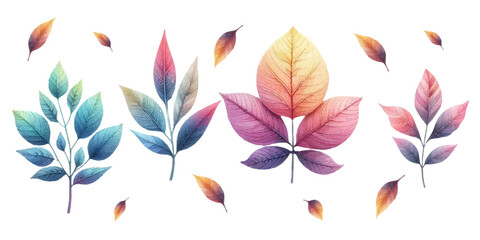 Watercolor bright leaves of different trees in pastel colors, isolated on white background