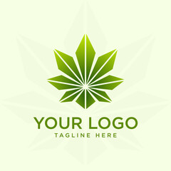 Modern geometric cannabis leaf logo design in vibrant green tones. Abstract symmetrical shape representing nature, wellness, or eco-friendly brand identity. Suitable for health, organic, 