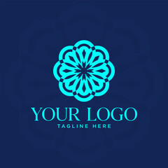 Modern ornamental floral logo in turquoise blue on dark background. Symmetrical and bold design inspired by traditional motifs, suitable for wellness, fashion, or artistic branding.