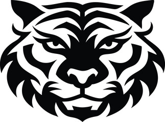 Fototapeta premium Bold Tiger Head Silhouette Vector Illustration – Tribal Style Animal Face Art, Fierce Wildlife Mascot Logo Design in Black