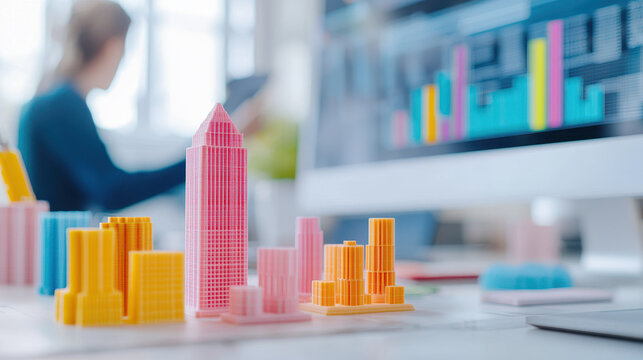 Vibrant 3D model of colorful buildings desk, showcasing urban design and architecture. background features digital screen