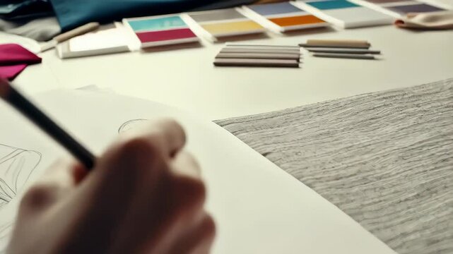 A person with a red sleeve is seen from the side, drawing or writing with a pencil on a white surface, with color swatches and other creative materials blurred in the background.