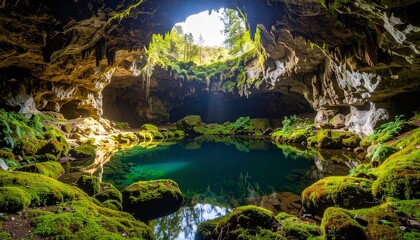Realistic image of a secret cave interior featuring a small clear lake surrounded by moss-covered rocks