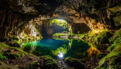 Realistic image of a secret cave interior featuring a small clear lake surrounded by moss-covered rocks
