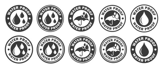 Waterproof drop circle stamp icon symbol. Water Proof sign logo. Water protection, liquid proof.  Vector illustration image. Isolated on background.
