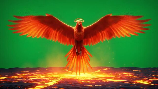 Mythological phoenix over lava