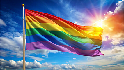 multicolored flag waving against blue sky, vibrant rainbow colors, abstract flag, flowing fabric, serene sky background