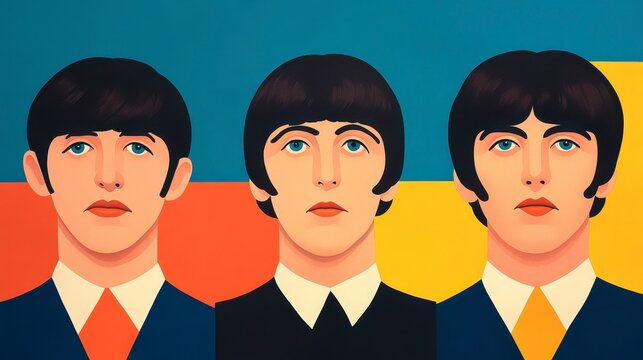 Beatlemania Era Poster Featuring Iconic Closely Up Portraits of Three Musicians with Vibrant Colors and Graphics