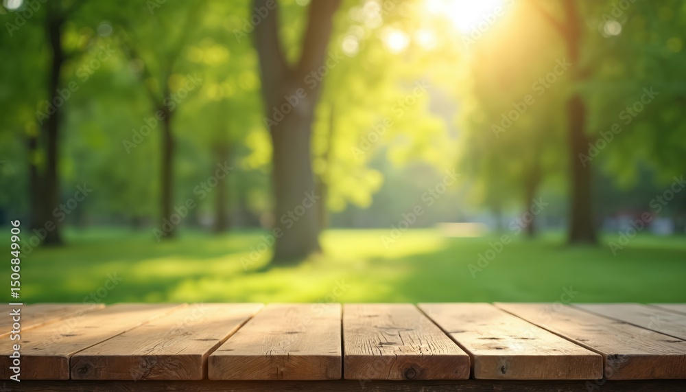 Poster empty wooden table on green summer park background. blurred trees, natural sunlight create backgroun
