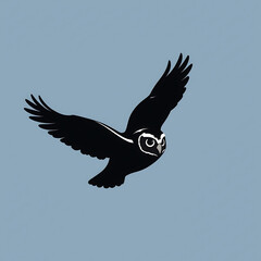 Owl Soaring: A captivating silhouette of an owl in flight against light blue sky, highlighting its wing spread, strength, and the beauty of wildlife in its natural environment.