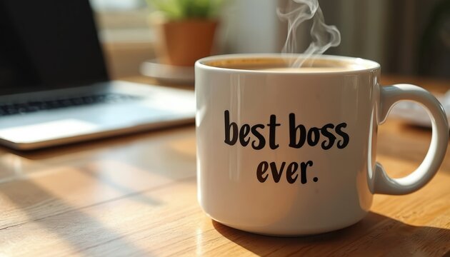 Mug Best Boss Ever on wooden table. Hot coffee, steam rising. Laptop blurred in background. Coffee break, workplace, appreciation gift. Office, business, motivation, employee.