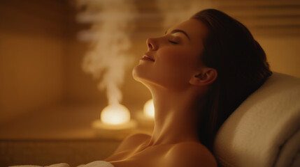 Young beautiful woman enjoys a peaceful moment in a spa, surrounded by gentle steam and warm, dim light