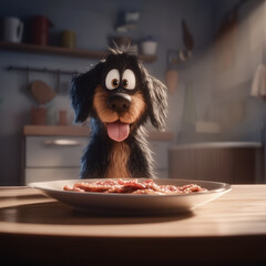 Illustration of a cute dog in front of some bacon