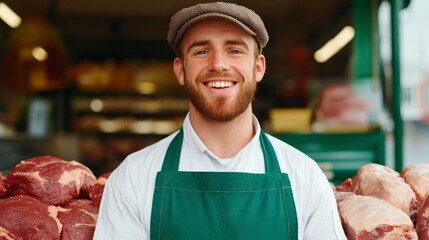 Proud Butcher Showcasing Quality Cuts of British Beef with a Warm Smile in a Traditional Market Setting