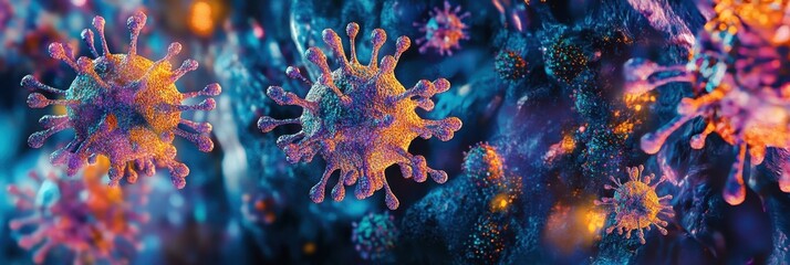 Fototapeta premium Microscopic Representation of SARS-CoV-2 Omicron Variant: Insights into Infectious Mutations and Vaccine Challenges Amidst the Pandemic