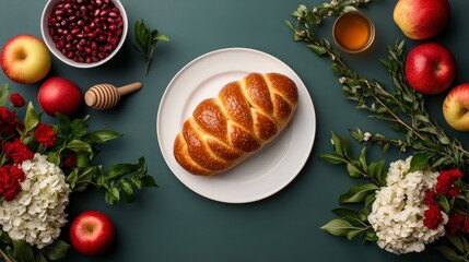 Beautifully Set Rosh Hashanah Dinner Table with Apples, Pomegranates, and Traditional Bread