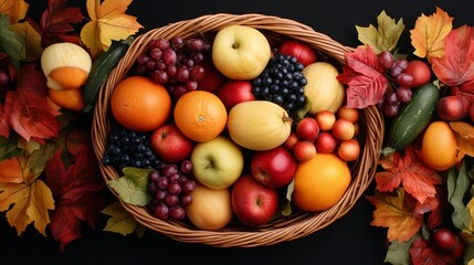 Overflowing Basket of Freshly Harvested Grain Surrounded by Colorful Fruits and Autumn Leaves
