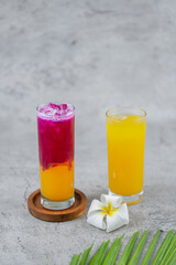orange juice and dragon fruit juice