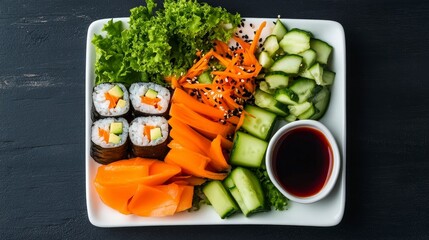 Beautifully Arranged Plate of Colorful Vegetarian Sushi with Fresh Vegetables and Soy Sauce