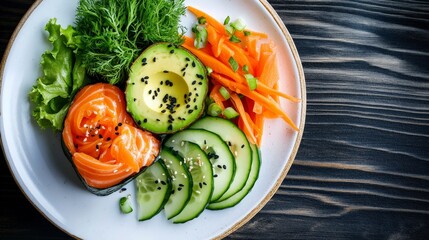 Beautifully Arranged Plate of Vegetarian Sushi with Fresh Vegetables and Vibrant Colors