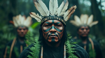 Indigenous Tribe Celebrates Cultural Heritage with Traditional Clothing and Elaborate Body Paints in Forest Environment