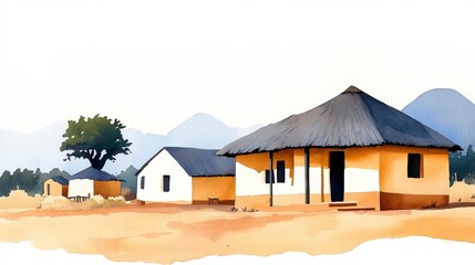 Serene African Village Scene in Watercolor, Capturing Tranquility and Nature's Beauty in Vibrant Hues