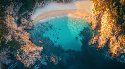 Aerial View of Man of War Bay on the Stunning Dorset Coastline with Clear Turquoise Waters and Sandy Beach