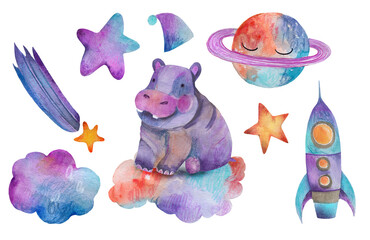 A cute, purple watercolor hippopotamus is sitting on a colorful cloud.