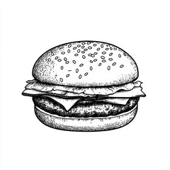 Fototapeta premium Minimalist Hamburger Sketch: Simple Line Art Burger Logo Design Illustration