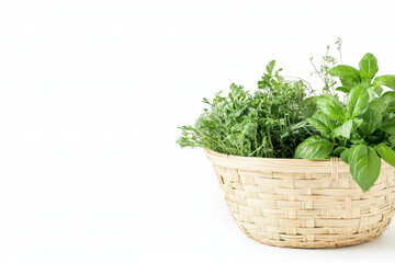 Fototapeta premium Fresh herbs in bamboo basket create vibrant and natural display, perfect for culinary use or decoration