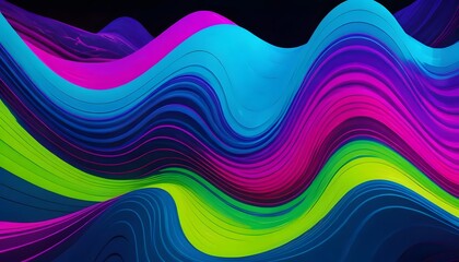 Fototapeta premium Abstract colorful wavy lines with green blue and pink shades on a dark background illustration art