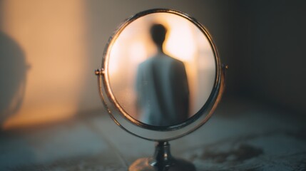 Silhouette Of Person Reflected in  Mirror With Warm Lighting