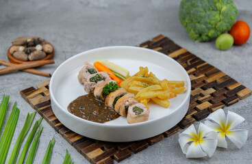 ChatGPT said:
Chicken Roll Mushroom – Tender chicken wrapped around savory mushrooms, seasoned and cooked to juicy perfection, ideal for flavorful meals.