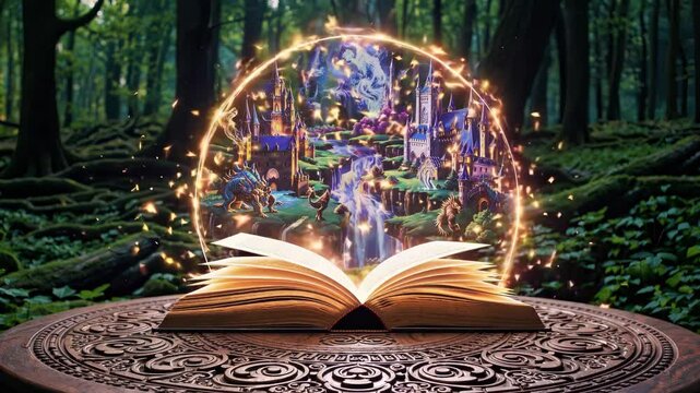 Open magical book rests on carved table in forest. Glowing portal rises from its pages, revealing a fantasy world with castles, dragons, waterfalls, and glowing creatures under enchanted light.
