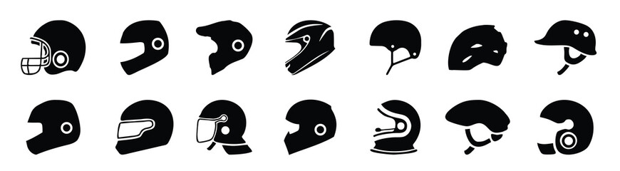 Motorcycle helmet icons. Set of different car helmet icons. Simple vehicle helmet signs. Black helmet icons vector illustration