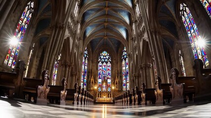 Large cathedral with stained glass windows and a long aisle of pews. The light shining through the windows creates a peaceful and serene atmosphere - Powered by Adobe