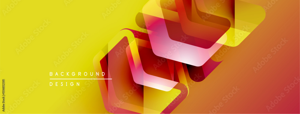Poster abstract geometric shapes overlap, creating vibrant color gradients. yellow dominates background, wi