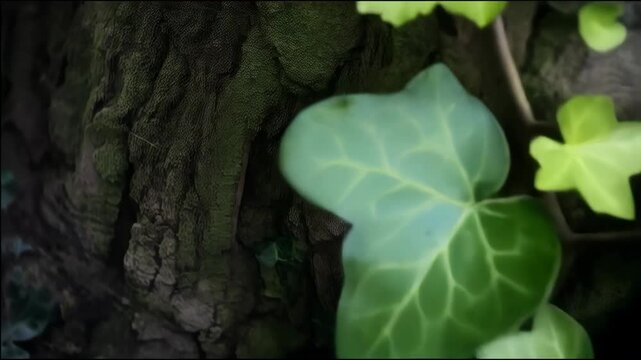 Close up shot of green ivy leaves clinging to a rough textured tree trunk, climbing plants with varied shades of green foliage detail on tree bark.