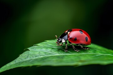 Fototapeta premium leaf Bright red ladybug on a perfect green