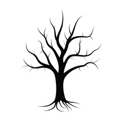 Leafless Tree Silhouette with Bare Branches and Roots Isolated on White