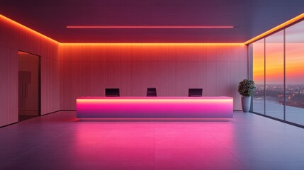 Modern minimalist reception area with vibrant lighting and urban view