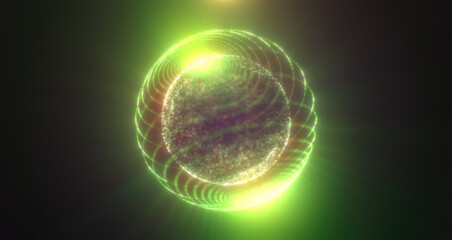 A glowing green abstract energy sphere with digital light waves and cosmic dust