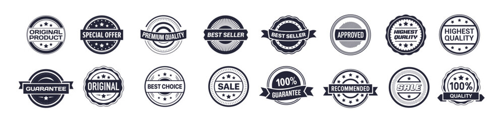 Set of retro seal stamp. Premium quality, certified, original, guarantee, approved, recommended logo label vector illustration